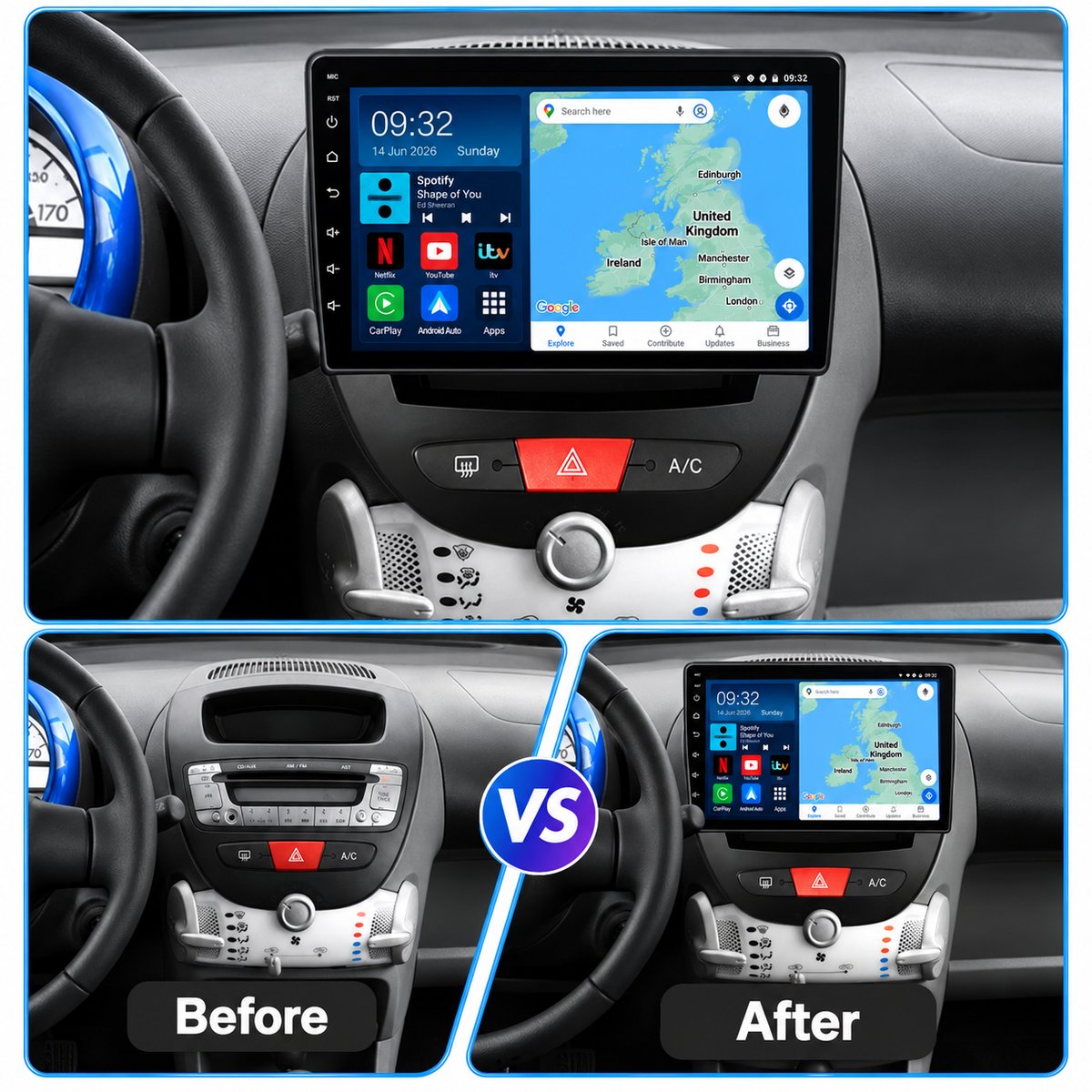 Citroen C1 Peugeot 107 Toyota Aygo 2005-2014 Android 15 Wireless CarPlay & Android Auto Car Stereo Head Unit - DriveCast