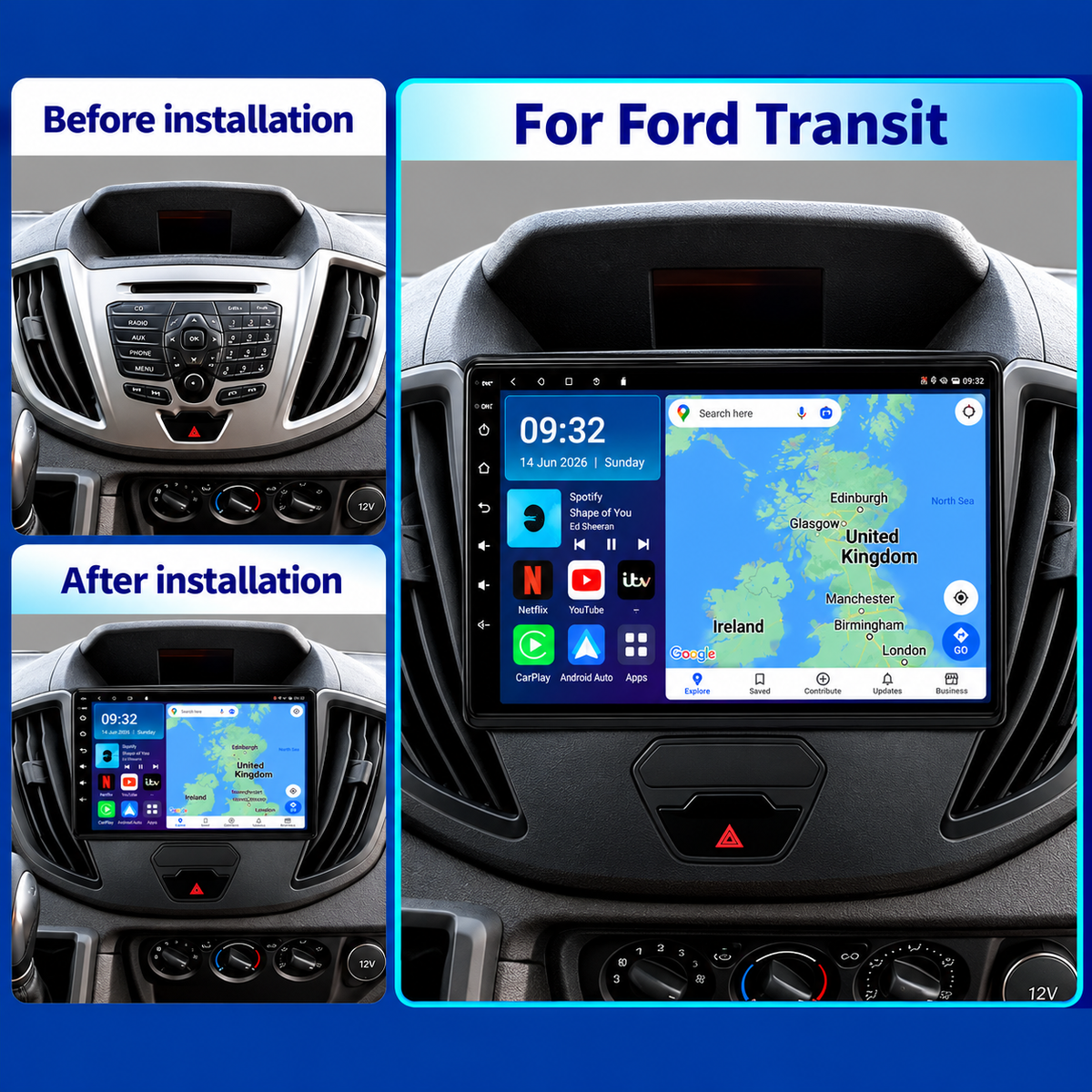 Ford Transit Custom MK8 2013-2018 Android 13 Kabelloses CarPlay und Android Auto Autoradio-Haupteinheit