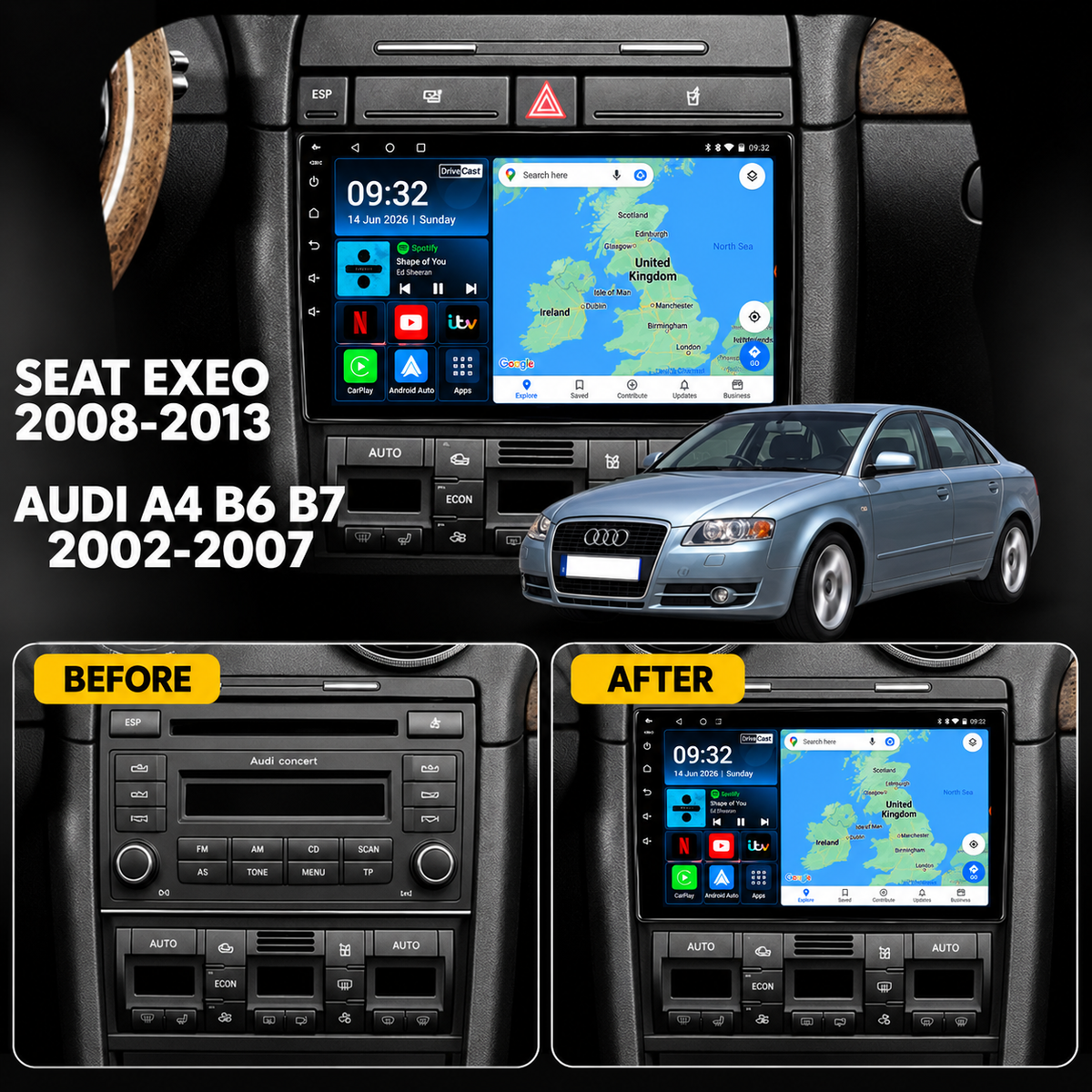 Audi A4 S RS B6 B7 Seat Exeo Android 15 Car Stereo Head Unit | CarPlay Android Auto - DriveCast