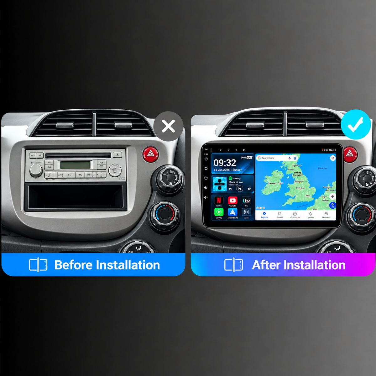 Honda Jazz 2007-2013 Android 13 Kabelloses CarPlay und Android Auto Autoradio-Haupteinheit 