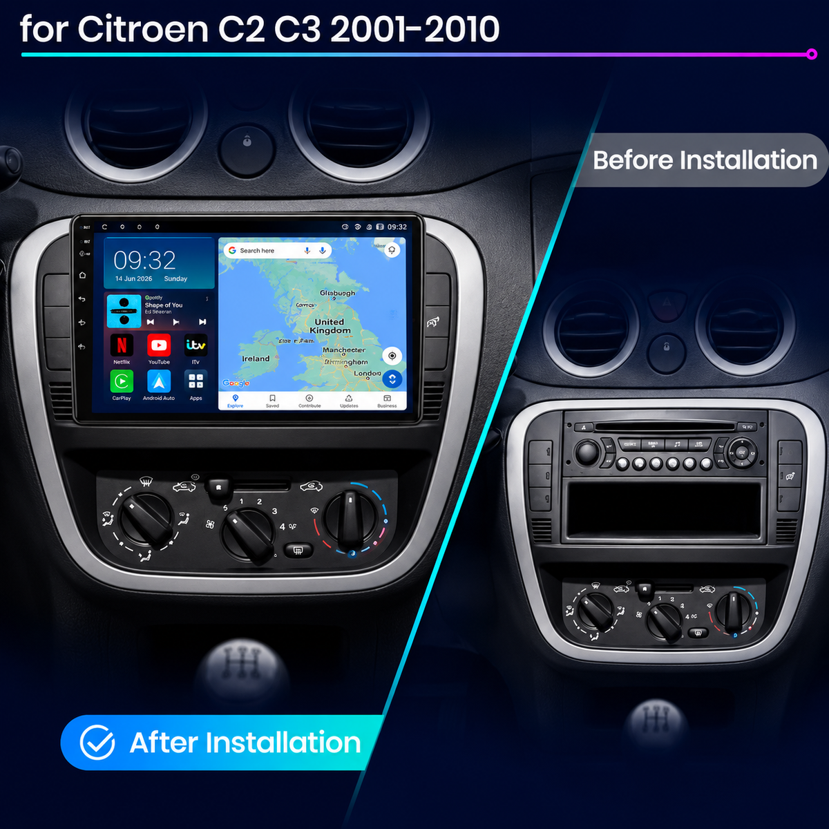 Citroen C2 C3 2001-2010 Android 15 Wireless CarPlay & Android Auto Car Stereo Head Unit - DriveCast