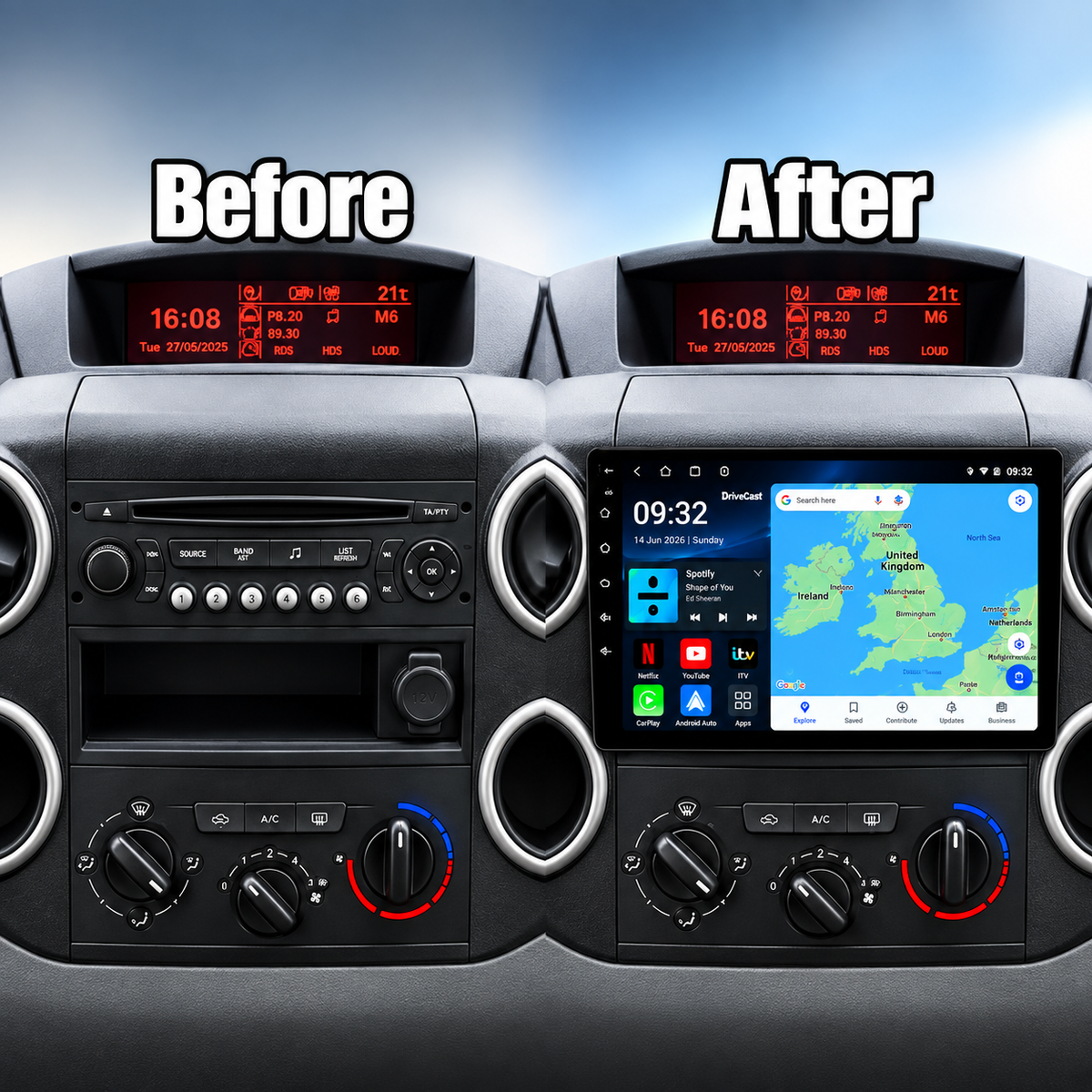 Citroen Berlingo Peugeot Partner 2008-2018 Android 15 Wireless CarPlay & Android Auto Car Stereo Head Unit - DriveCast