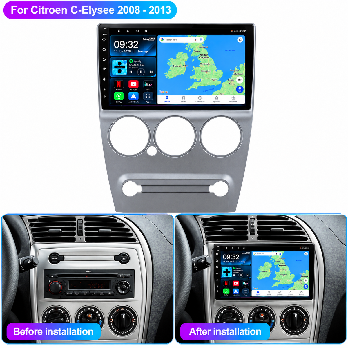 Citroen C-Elysee 2008-2013 Android 15 Wireless CarPlay & Android Auto Car Stereo Head Unit - DriveCast